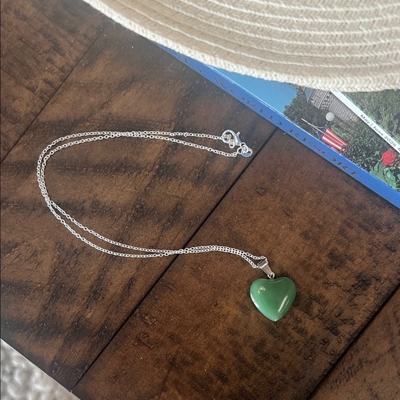 Green Chalcedony Puffy Heart Necklace with Silver Chain - Picture 4 of 9